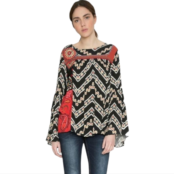 Desigual Multicolor Embroideres Flare Long Sleeve Carlos Blouse Size Medium - Picture 1 of 9